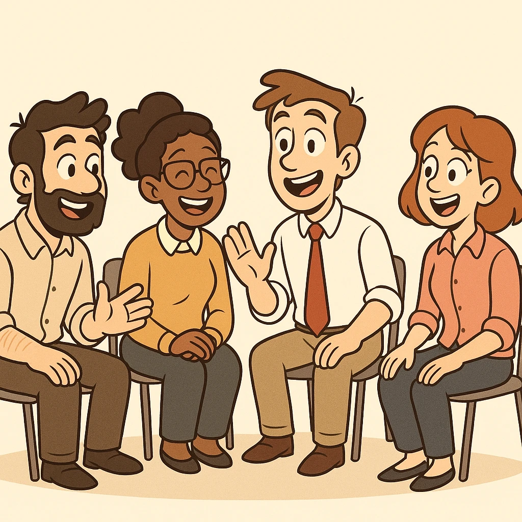 a friendly work team during a circle briefing, cartoon style, cheerful expressions, people sitting in a circle, light background emoji