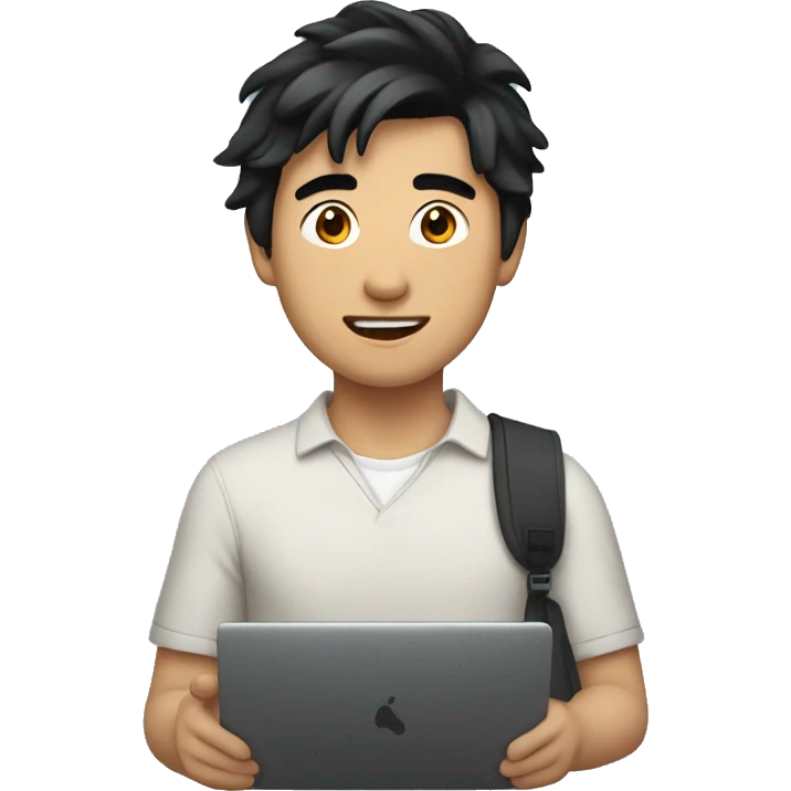 Asian man with black hair, college student holding a laptop emoji