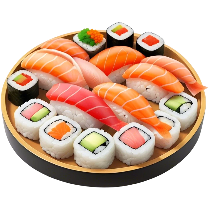 Cinematic Realistic Sushi Dish Emoji, depicted as an artful arrangement of fresh sushi with vibrant colors rendered with lifelike textures and delicate, natural lighting. emoji