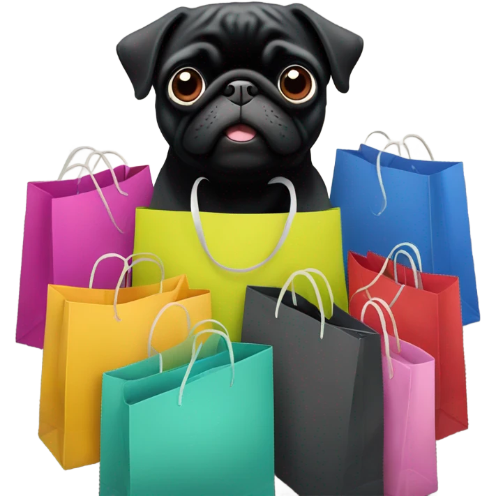 Black pug with many shopping bags emoji