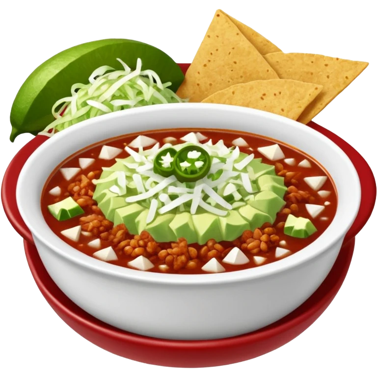 A delicious hot bowl of pozole rojo with separate sides: white chopped onions, green shredded cabbage, lime wedges, red chile de arbol salsa, and tostadas emoji