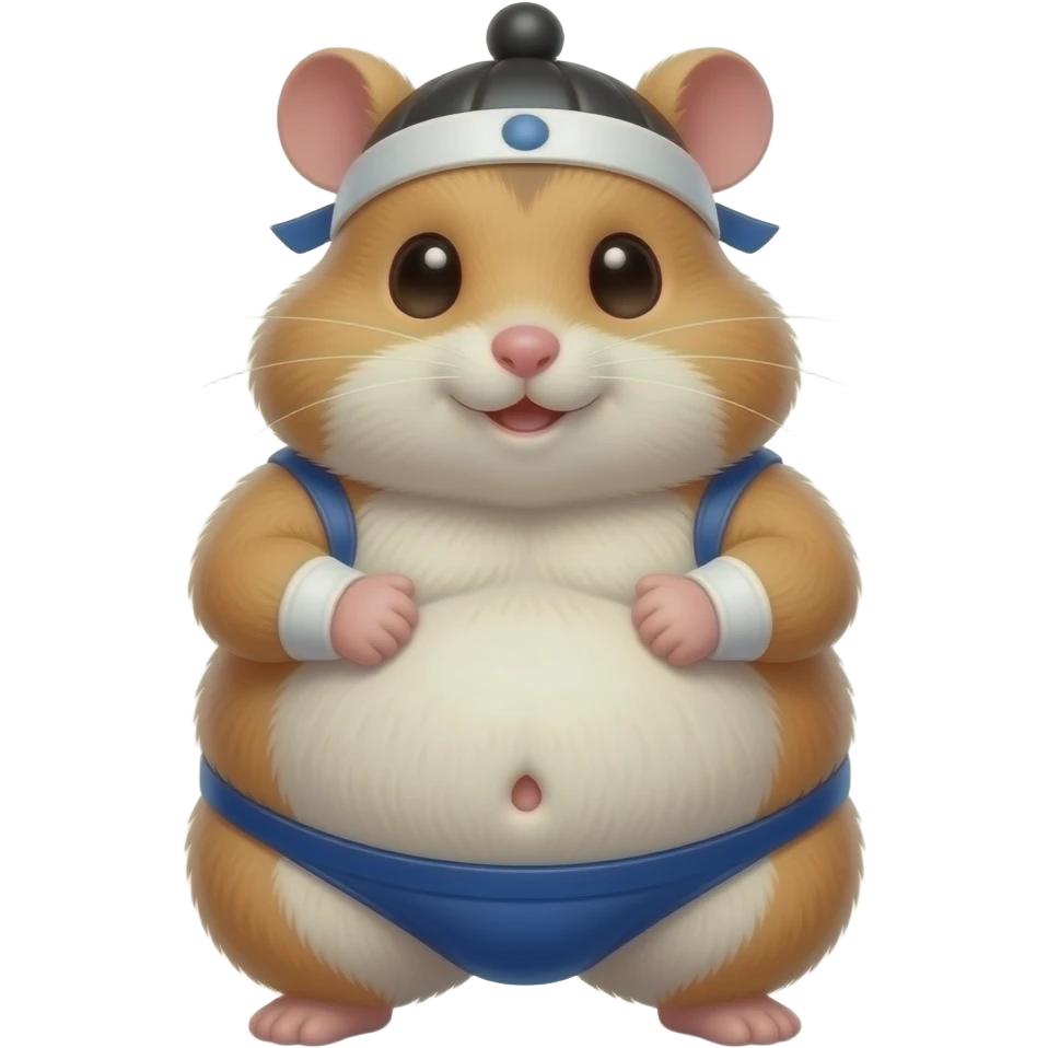 A cute female hamster,suited to be a sumo wrestler,she rubs her huge overstuffed stomach,a cute little bellybutton poking out of her fur,she is massively fat. emoji