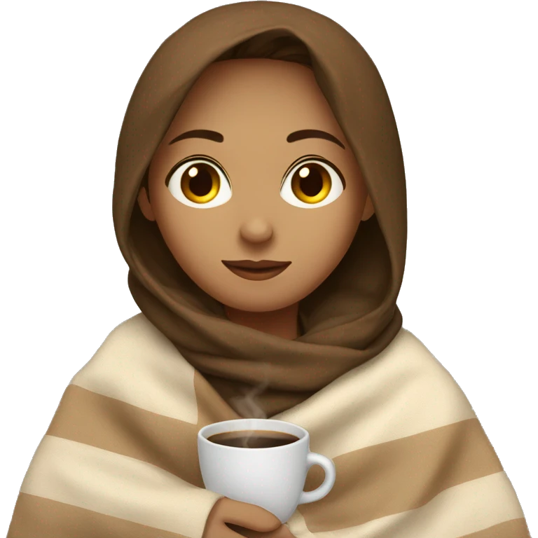 a brown hair girl sitting with a blanket wrapped over her and a cup of coffee emoji
