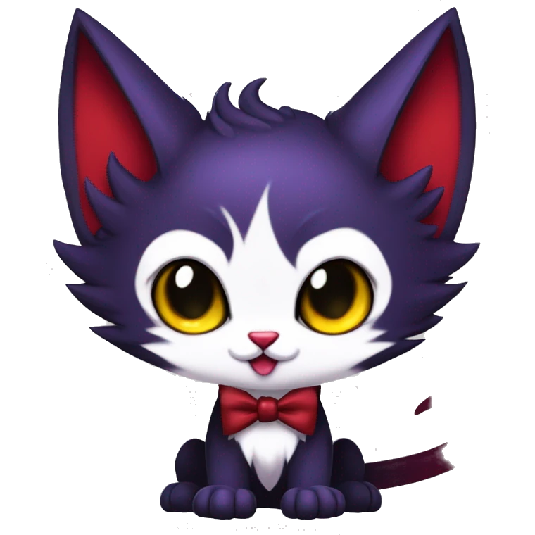 Cute-Evil-Vampiric-Batty-Cat-Black-Purple-Red-Yellow-Contrast-Colors-Fantasy-Fur-Sona-Chibi-Shiny-Fakémon-Hybrid with horns and big fangs neck bow white tie leg spats full body emoji