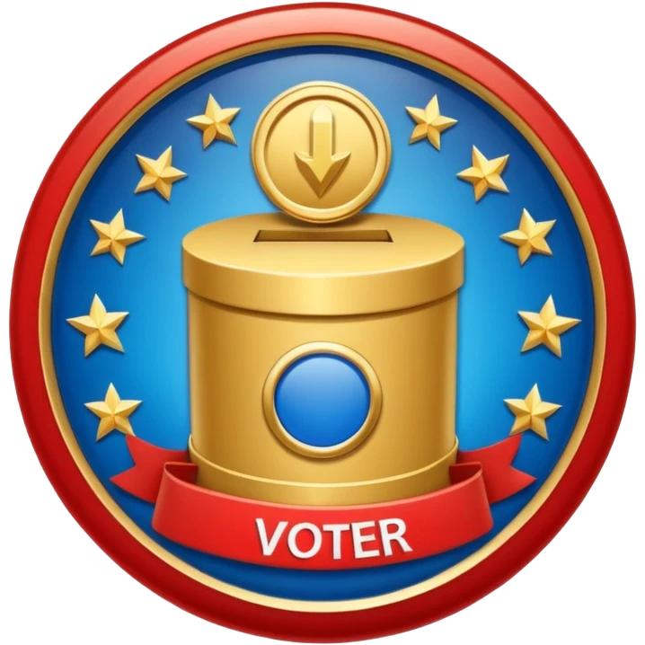 circular achievement style badge for first voter featuring a ballot box and a classy border emoji