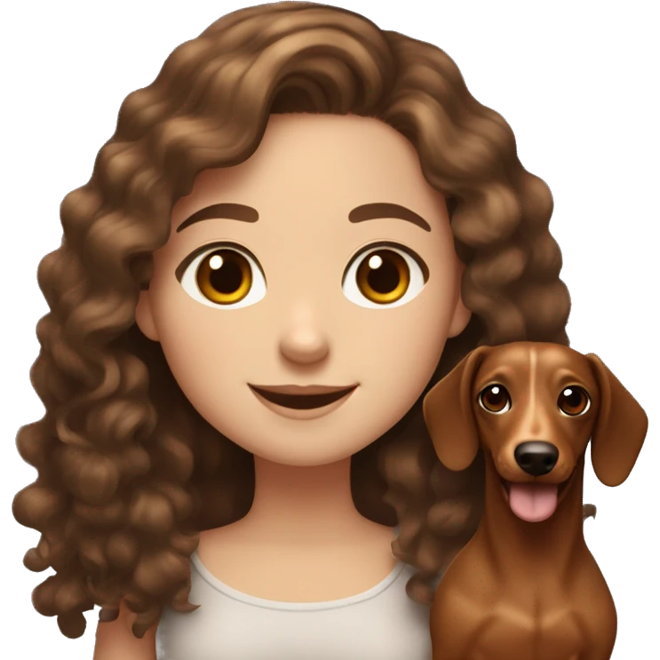 White girl long curly brown hair smiling and brown eyes with long eyelashes and holding a dachshund  in her arms emoji