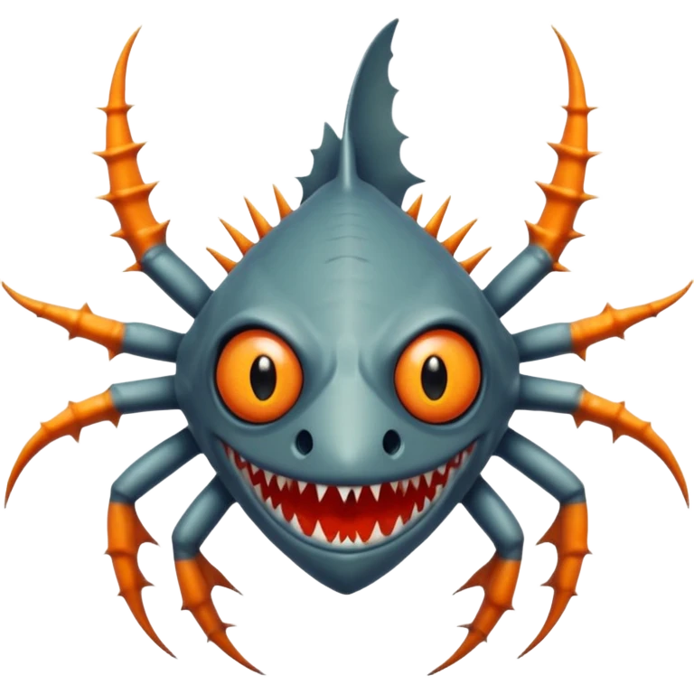 A angangular fish with acid all in his body and his eyes  replaced with shark teeth and his hand in his back ( four hand) and his spines will be very spiky  and his leg will like a spider and last his eyes or 4 eyes will be in his hands and the colour of the eyes will orange and black emoji