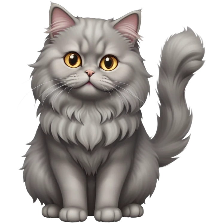 cinematic-[grey persian cat]-realistic-full-body-sitting-emoji,-tail-curled-playfully-around-its-paws,-head-tilted-dramatically,-fluffy-[grey cat]-fur,-simplified-yet-realistic-focused-features,-highly-detailed,-glowing-with-an-almost-sarcastic-glow emoji