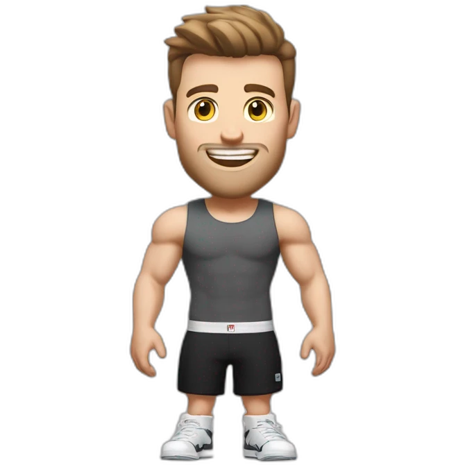 Close up Actively gesturing  with hands Pale skinned Fit Man With the biceps and brown hair in dark gray Sleeveless Mike, black oversize sports shorts, watch and white Sneakers emoji