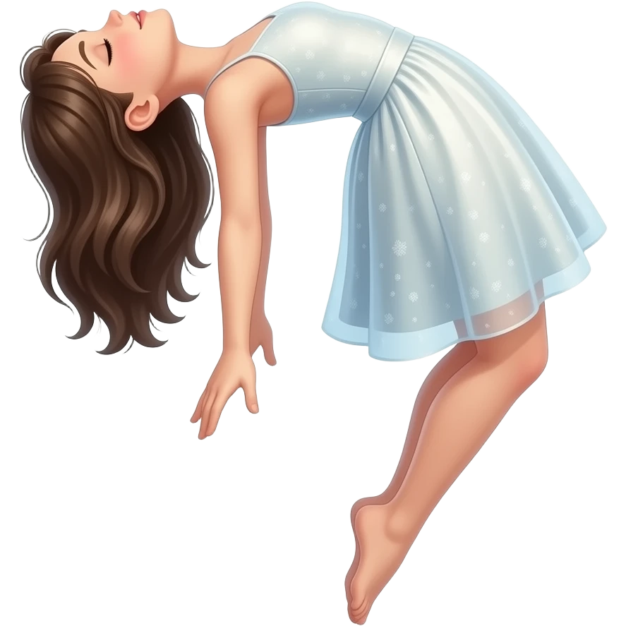 A girl levitating in space, body arched backward in a bridge-like pose, head tilted back, arms hanging loosely, legs slightly bent and relaxed wearing a beautiful dress. The background Transparent emoji