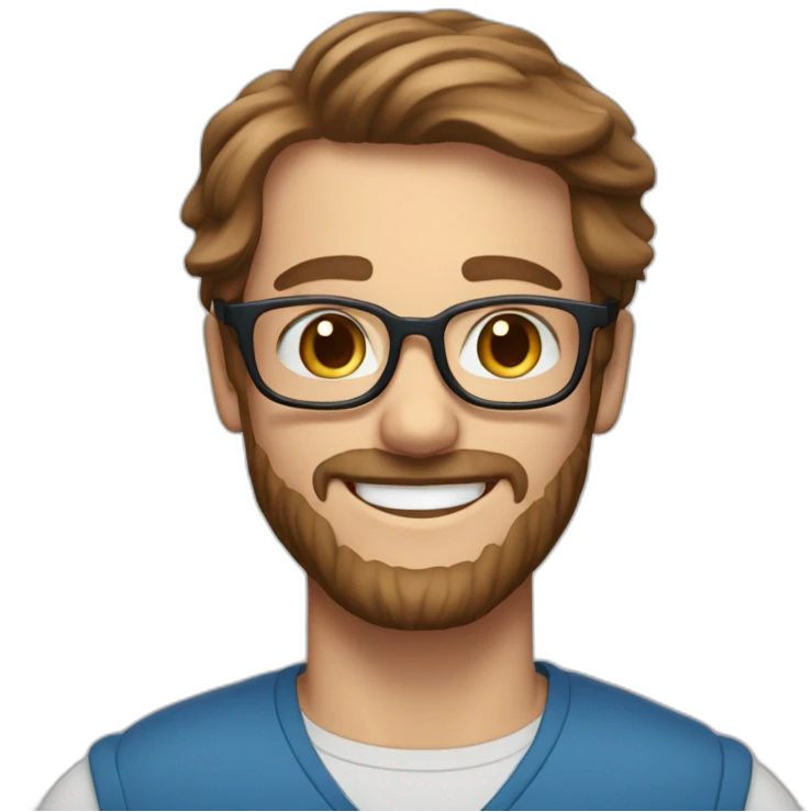 a Scandinavian man with blue eyes long brown hair a beard red glasses and a big smile emoji