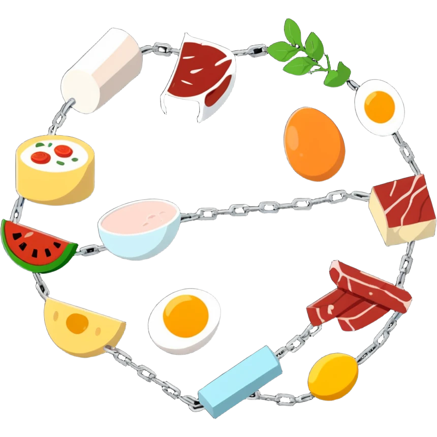 Close up of vibrant protein foods (meat, egg, beans, tofu, yogurt) connected in a chain or cluster, glowing and unified, floating together in a warm light. emoji
