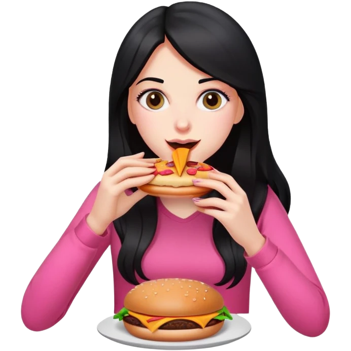 White girl in pink clothes and long black hair eating burger and pizza emoji