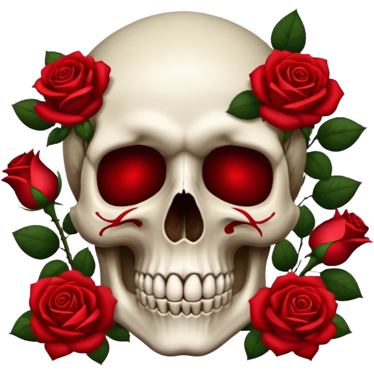 Skull with red dark roses surrounding it emoji