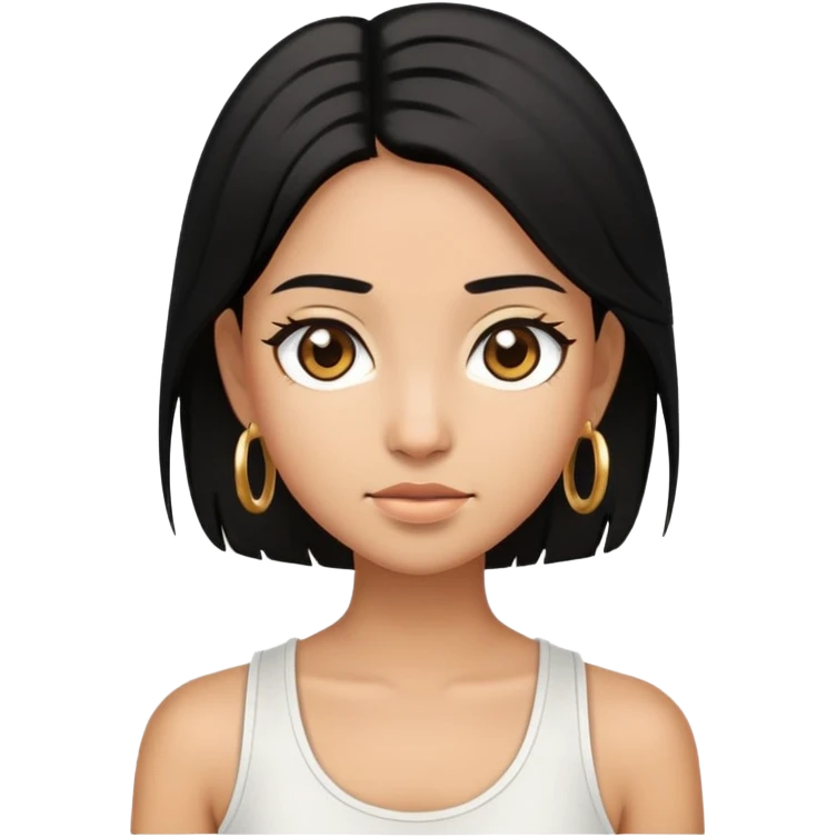 Create an ios iphone emoji of a girl with black straight layered hair with dark brown eyes and wearing a white tank top and wearing small gold hoop earings emoji