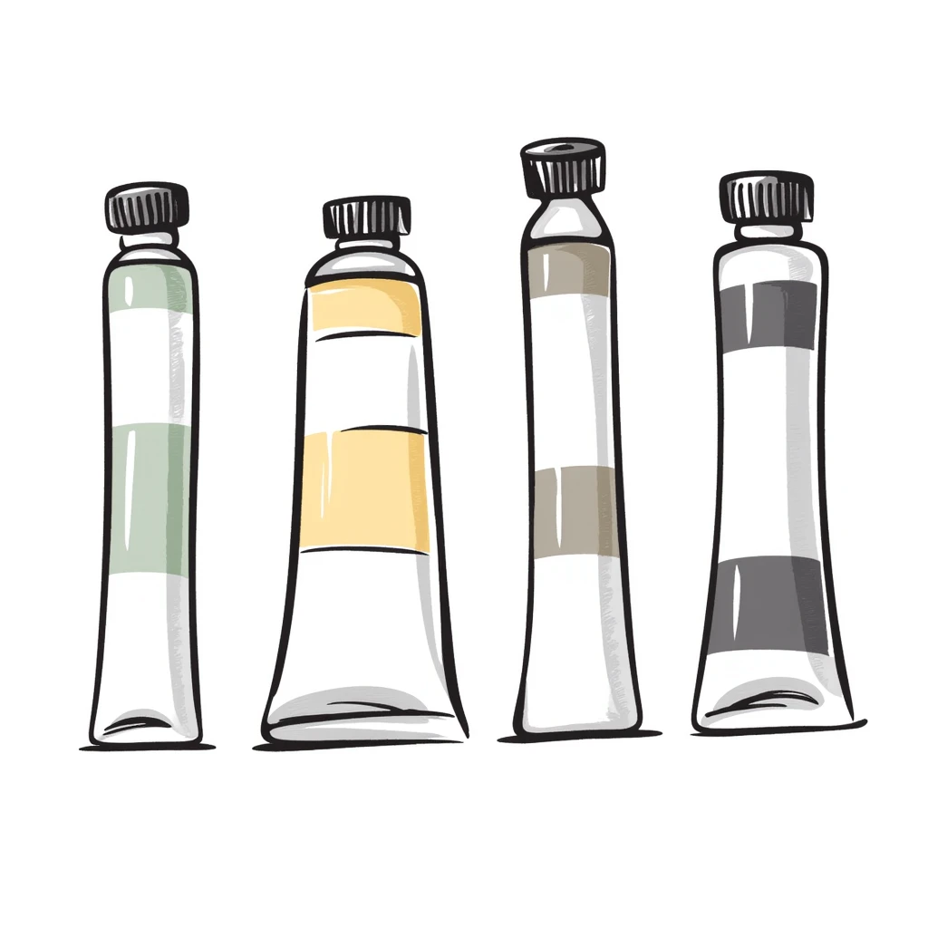 Set of artist's paint tubes with different sizes and caps. Some tubes are squeezed in the middle. Using specific pastel colors (dd9fb0, ffc6d3, a3bfc9, c4bee2, f1b091). Hand-drawn doodle style with intricate details. Transparent background. emoji