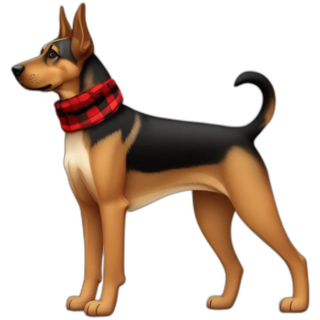 75% Coonhound 25% German Shepherd mix dog wearing small pointed red buffalo plaid bandana side view full body facing left emoji