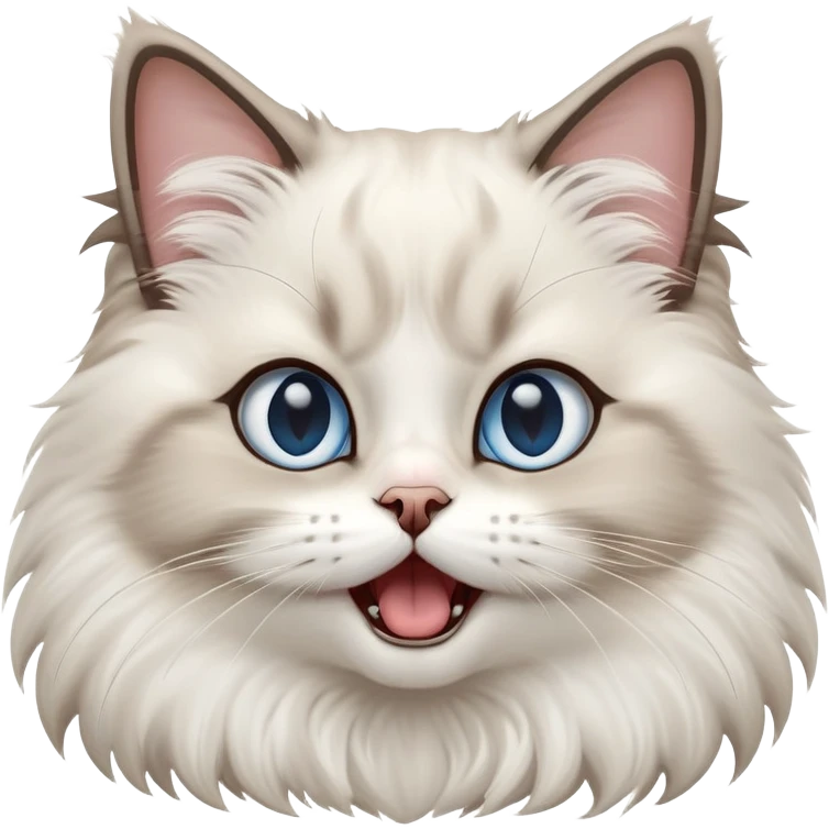 cinematic-adorable-big-eyed-fluffy-ragdoll-cat-portrait-emoji,-head-tilted-playfully-with-a-cute,-exaggerated-yawn,-white and grey fur,-simplified-yet-irresistibly-cute-features, blue eyes emoji