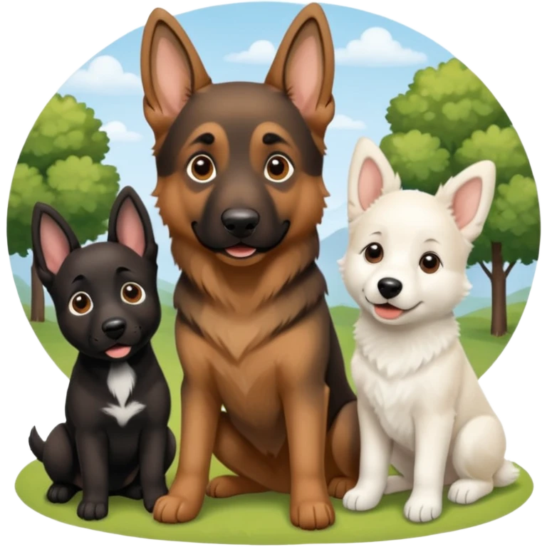 three dogs, one bigger, a brown german shepard, a little black dog we don't know it's race and a baby white suiz shepherd  emoji