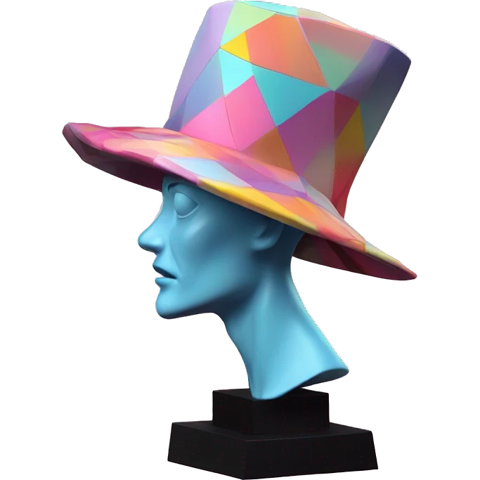 sculpture Mage hat without mannequin. Hat is geometric, faceted design. The hat is standing upright on a base with angular and baroque features. The vibrant midtone tints of pastels and pink highlights the sharp edges and planes. detailed hat emoji
