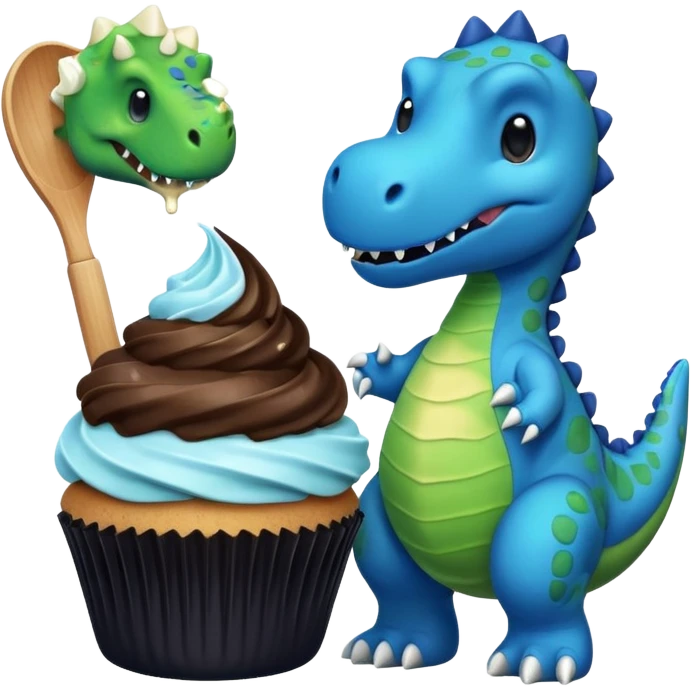 A cupcake having blue and black icing and a dinosaur as a decoration and ice cream next to it emoji