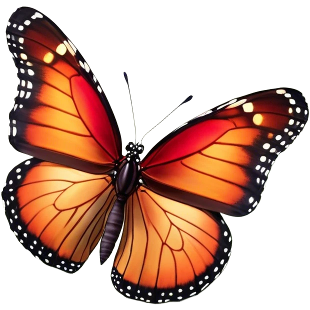 Cinematic Realistic Noble monarch Butterfly Portrait Emoji, Poised and elegant, with delicate, translucent wings rendered in rich ruby and scarlet hues, a slender, graceful body with intricately detailed textures, and soft, reflective eyes, illuminated by natural light, high shine, intelligent and regal, styled with an air of refined natural splendor, focused and attentive, soft glowing outline, capturing the essence of a watchful and confident monarch butterfly that appears to emerge majestically from the screen! emoji