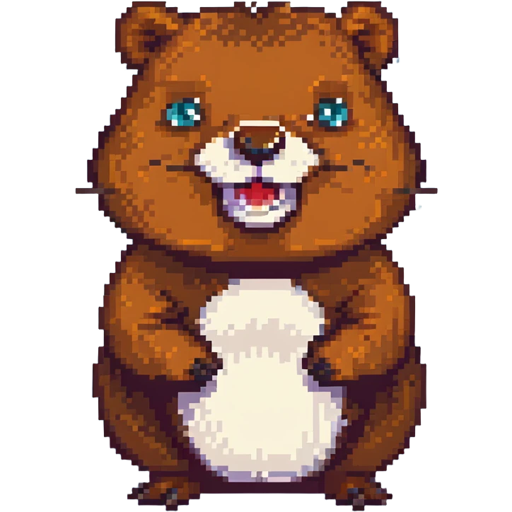 cute friendly beaver character, bright expression, round body, emphasized front teeth, pixel art style emoji
