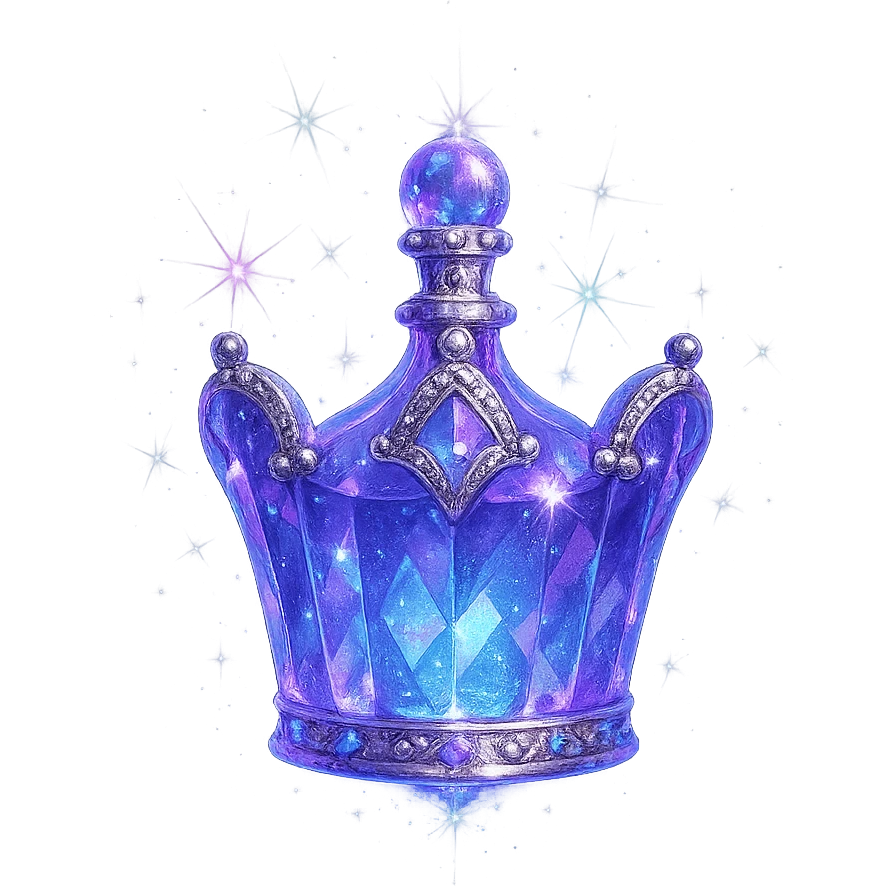 small luxurious crystal elixir bottle in crown shape, color #7986cb, ornate silver and iridescent details, ultra intense magical glowing and sparkling effects, very small neck, seamless bottom, bottle clearly floating in air, no base or shadow, modern, collection style emoji