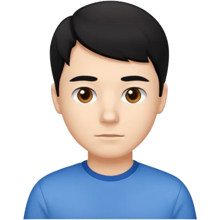 White boy, brown eyes and black hair. With a blue and white shirt emoji