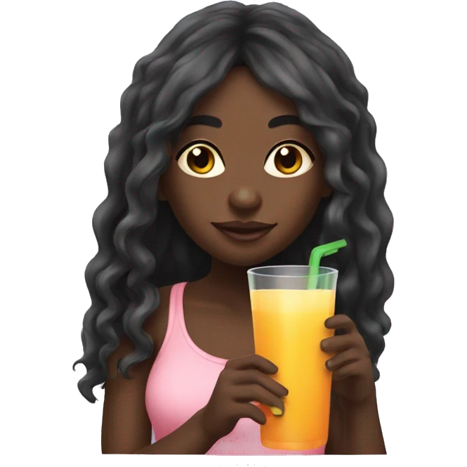 Black girl with long hair drinking juice emoji