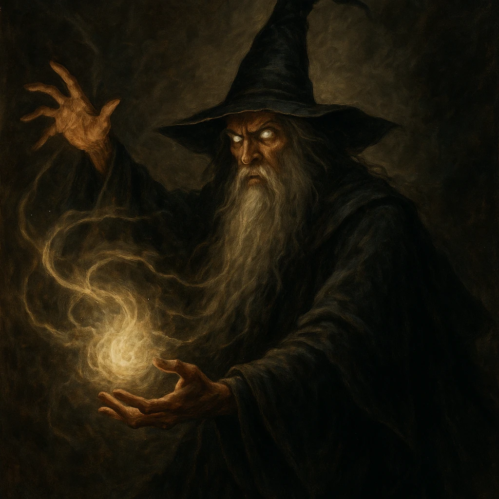 dark wizard, long beard, pointed hat, casting a spell emoji