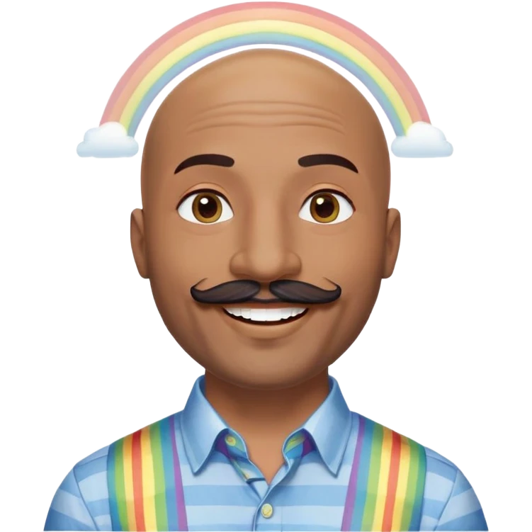 Oxumarê as a very happy and spontaneous smiling 37-year-old bald man with very dark skin, smooth oval head, indigenous facial features, mustache with circular beard only on chin, a round mole on the right side below the lip, wearing a blue striped dress shirt, with rainbow serpent, Memoji style emoji