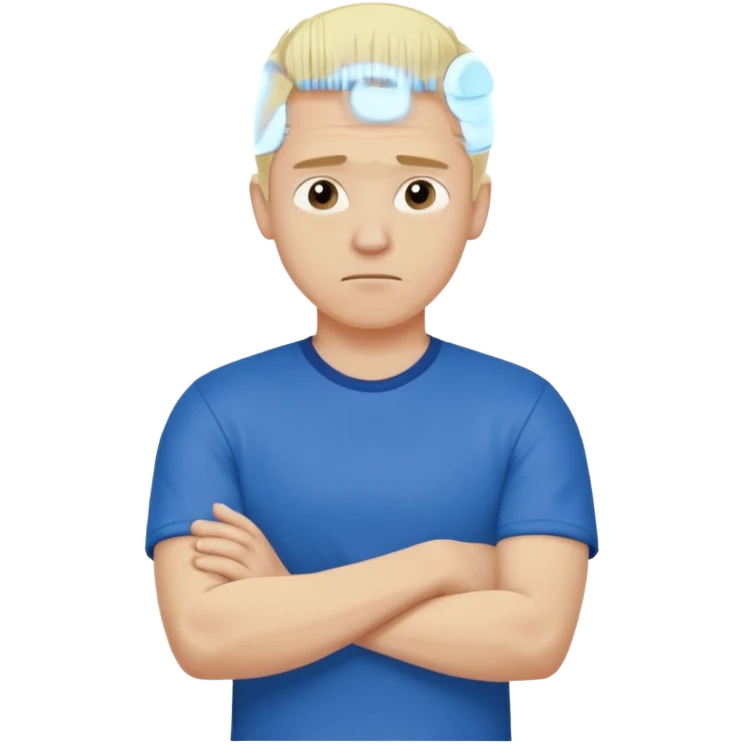 Pale blond man in blue football t shirt crossed arms showing that he is cold emoji