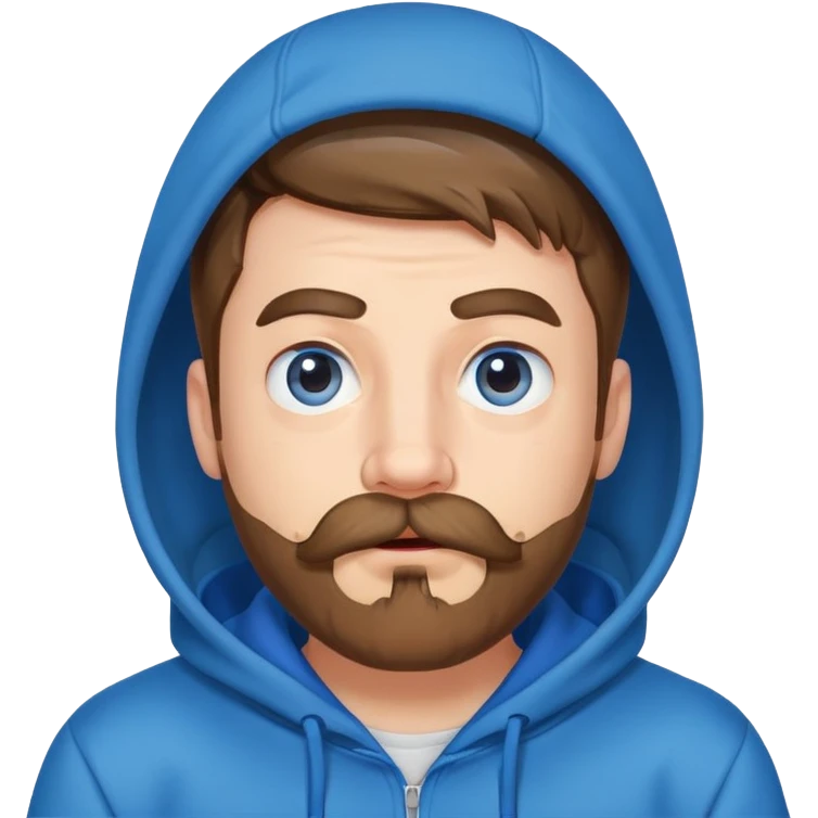 Mr. Beast wearing a blue hoodie, mustache and beard, surprised expression emoji
