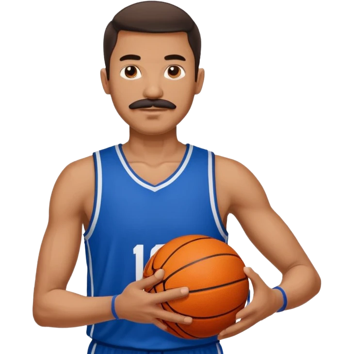bold man basketball player blue jersey with mustache holding basket ball emoji