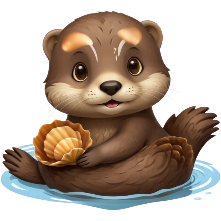 adorable otter floating on water, holding a shell emoji