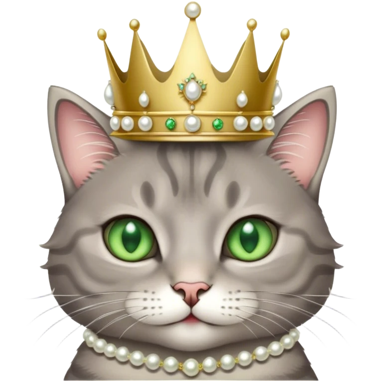 A cute and fluffy cool grey tabby cat with green eyes, white tummy, a simple pearl necklace and crown emoji