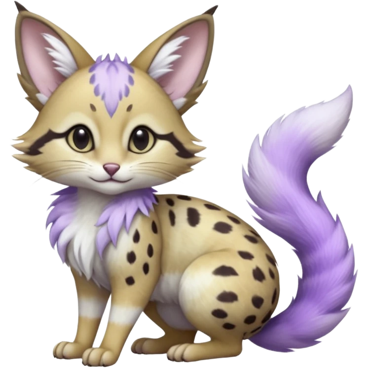 Hyper realistic  frost-lavender-colored fur kissed with pale moon-silver dewshine beautiful elegant pretty precious cute  Fakémon-Pokémon-opossum-serval-caracal-Ocelot-Minccino-hybrid-creature with a big fluffy bushy tail (full body) emoji