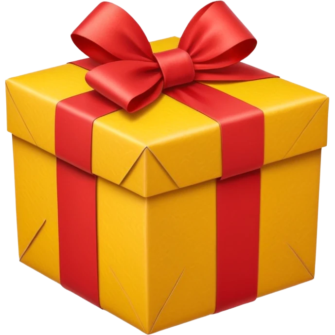 box with yellow wrapping paper and a length of red ribbon surrounding it on the bottom of the ground so you can see most of the box's cardboard emoji