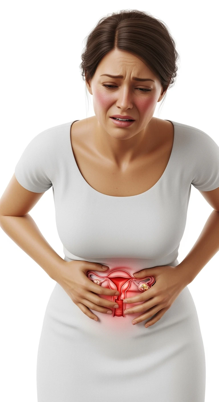 donna con utero umano realistico in evidenza dolorante, espressione di dolore in volto, sfondo bianco emoji