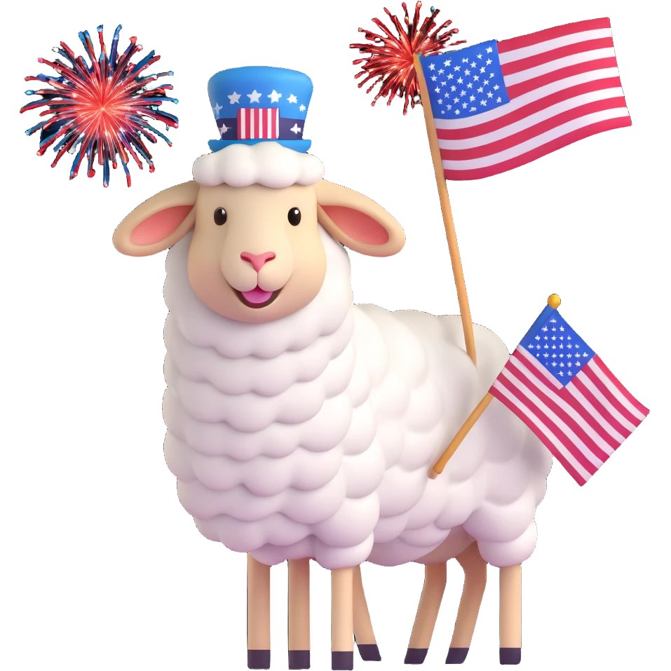 sheep emoji wearing a patriotic hat, waving an American flag, with fireworks emoji