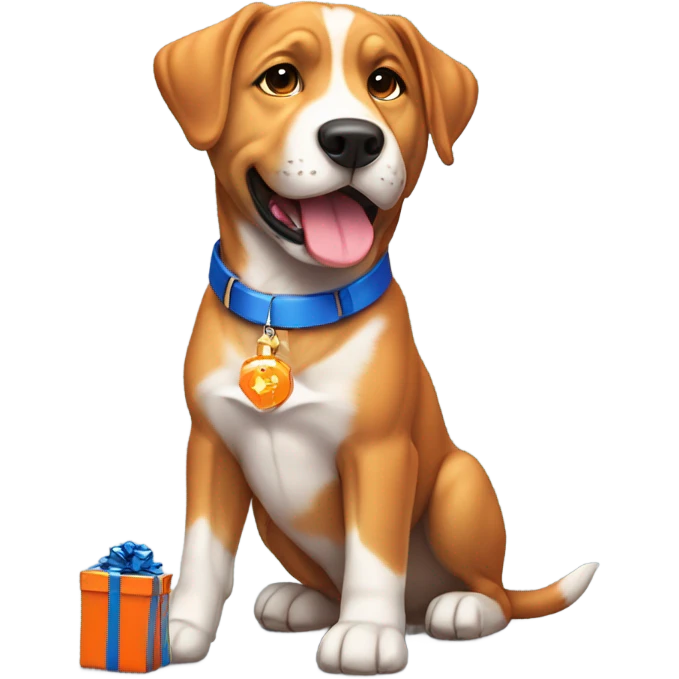happy cute american stafford with simple blue collar with orange pendant from half side perspective with presents and gifts around him emoji