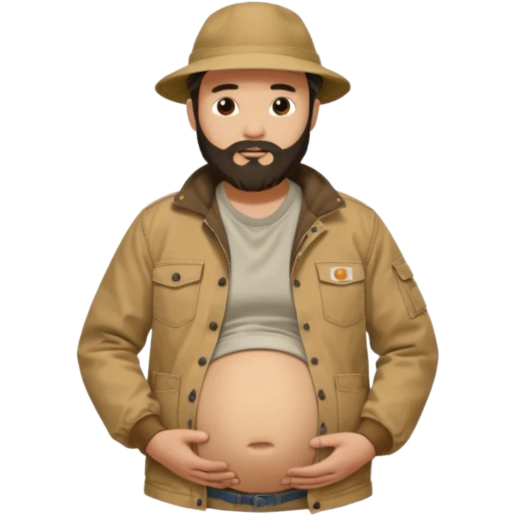 Bearded man rubbing pregnant belly poking out of shirt wearing a tan canvas carhartt jacket with  chinese hat on emoji