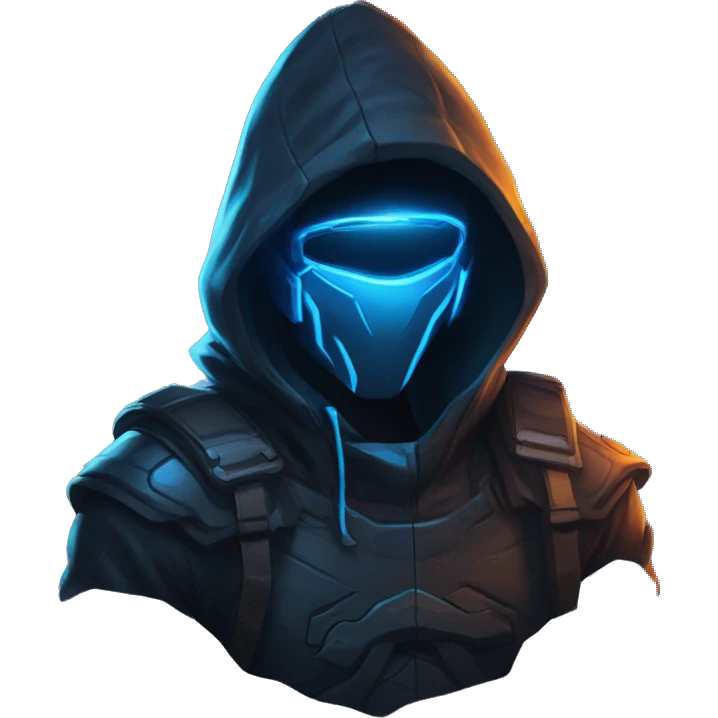 Side view developer behind his laptop with this style : Riot Games Valorant neon glowing bright blue character blue black hooded assassin themed character emoji