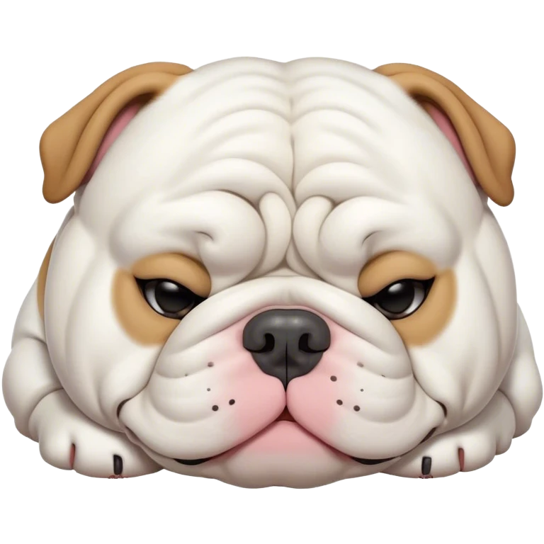 Cinematic Meme-Worthy Chubby Sleeping White English Bulldog Portrait Emoji, Head resting peacefully with a contented smile, showcasing a delightfully chubby build and a luxuriously soft pure white coat, eyes shut in a serene nap, Simplified yet hilariously adorable features, highly detailed, glowing with a soft, drowsy light, high shine, relaxed and utterly lovable, stylized with an air of playful laziness, bright and heartwarming, soft glowing outline, capturing the essence of a comically sleepy guardian, so meme-worthy it feels like it could instantly become the next viral sensation of adorable slumber! emoji