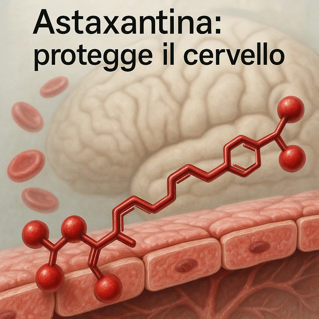 hyper realistic red astaxanthin molecule crossing a stylized blood-brain barrier, clinical atmosphere, realistic details, with text 'Astaxantina: protegge il cervello' emoji