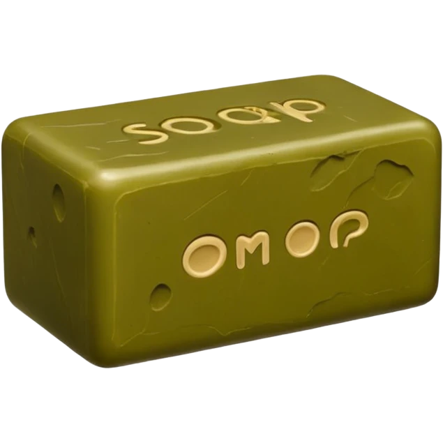 cube or rectangular soap bar in olive green or brownish hues, matte rustic surface, slightly irregular edges, lightly embossed seal or stamp, no foam or packaging, soft lighting, subtle shadows, emoji scale emoji