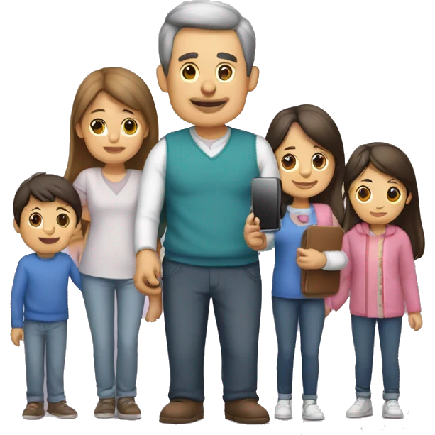 Papá con un iPhone en la mano, con su familia abrazándolo  emoji