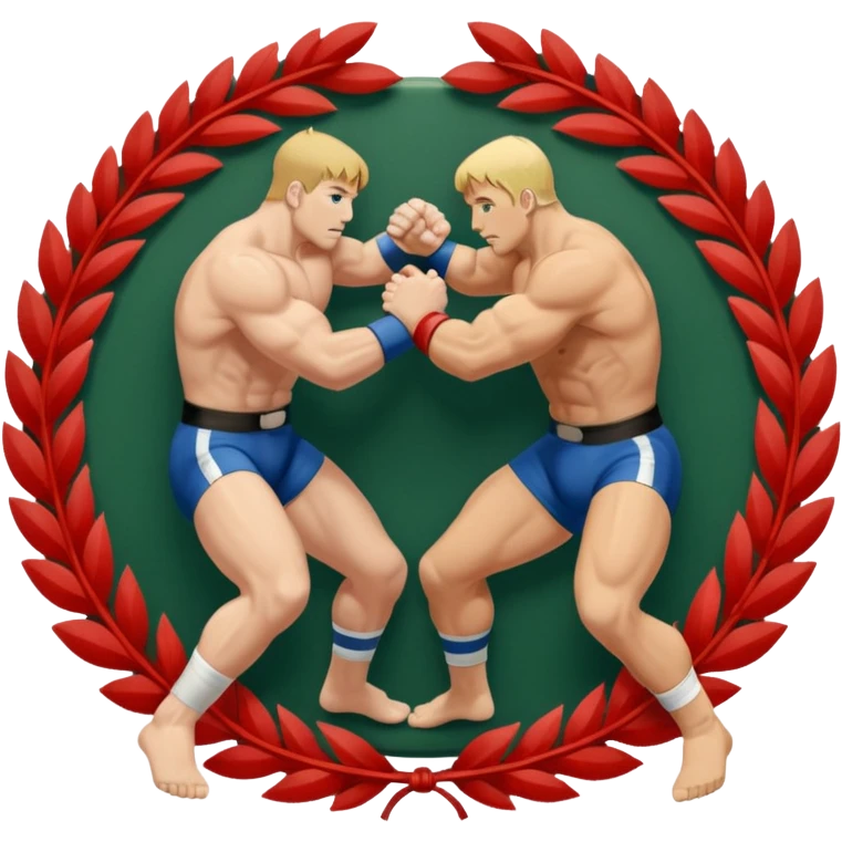An icon symbolizing wrestling combat sports in the style of an emblem. The design features two wrestlers locked in a powerful grapple, one attempting to take the other down. Surrounding the scene are stylized elements like a championship belt, wrestling mat, and a laurel wreath. emoji