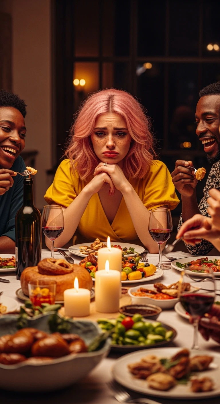 GRUPPO DI AMICI A TAVOLA FELICI MENTRE MANGIANO, MENTRE UNA PERSONA CHE è CON LORO NON SI STA DIVERTENDO, NON MANGIA E HA UN'ESPRESSIONE TRISTE, ESPRESSIONE DI DOLORE IN VOLTO, iperrealistico 4k emoji